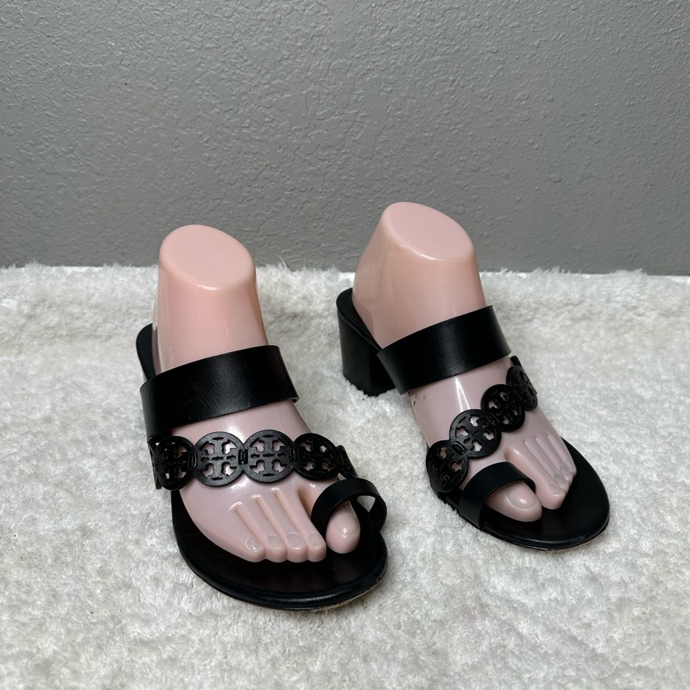 Tory Burch Tiny Miller Black Leather Toe Ring Block Heel Sandals Size 9M women’s